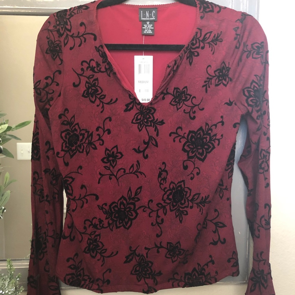 INC Vintage Style Blouse Black Velvet Flowers